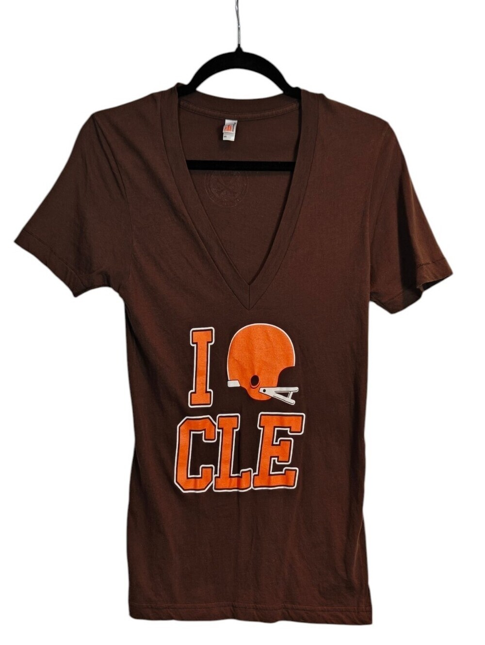 AMERICAN APPAREL Browns Football V-Neck Tee with Orange Logo Size XSmall